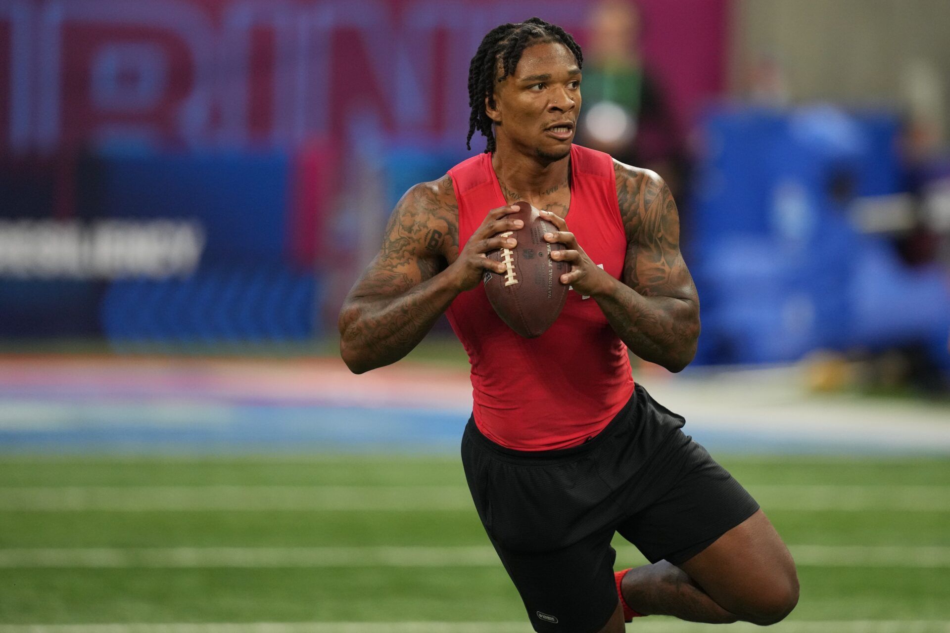 Florida quarterback Anthony Richardson performs a drill during the NFL Combine.