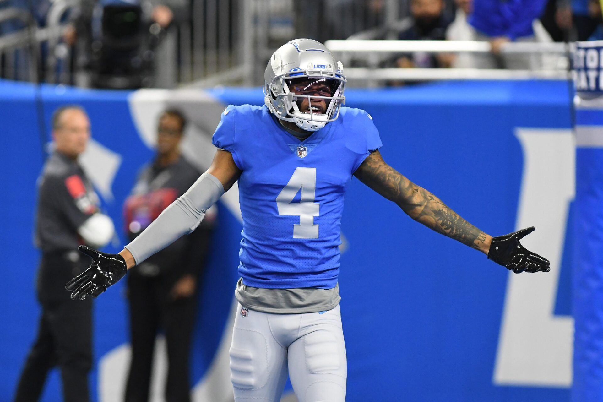 ; Detroit Lions wide receiver DJ Chark (4) looks to the officials for a pass interference call in the end zone against the Chicago Bears in the first quarter at Ford Field.