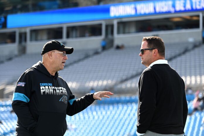 Carolina Panthers owner David Tepper with general manager Scott Fitterer before an NFL game.