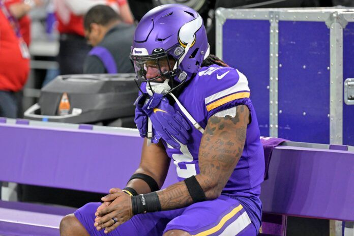 Minnesota Vikings RB Alexander Mattison (2) reacts on the bench after losing to the Giants in the Wild Card Round.