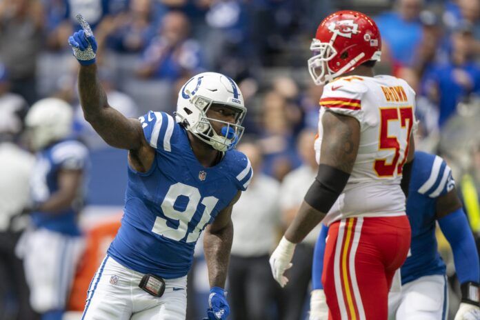 Indianapolis Colts DE Yannick Ngakoue (91) celebrates after a sack against Kansas City.