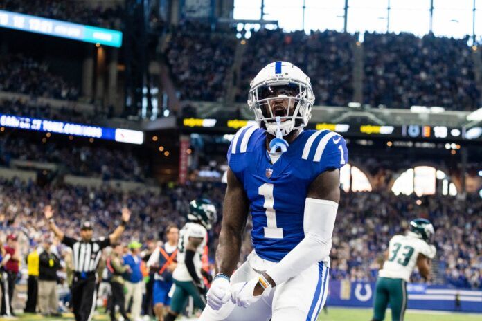 Parris Campbell celebrates his catch in the second half against the Philadelphia Eagles.