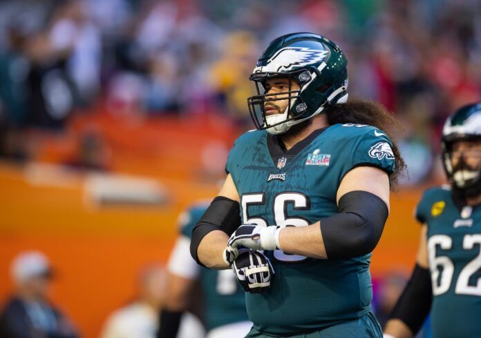 Philadelphia Eagles guard Isaac Seumalo (56) prepares for the Chiefs in the Super Bowl.