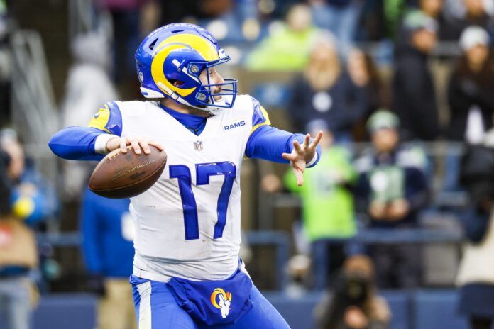 Los Angeles Rams QB Baker Mayfield (17) attempts a pass.