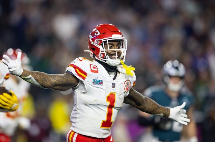 Kansas City Chiefs running back Jerick McKinnon (1) celebrates a touchdown against the Philadelphia Eagles during Super Bowl LVII at State Farm Stadium.