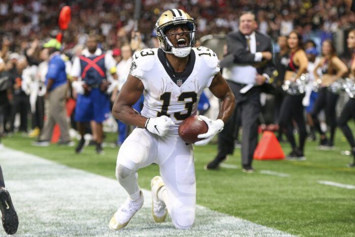 Michael Thomas celebrates after a touchdown against the Atlanta Falcons.