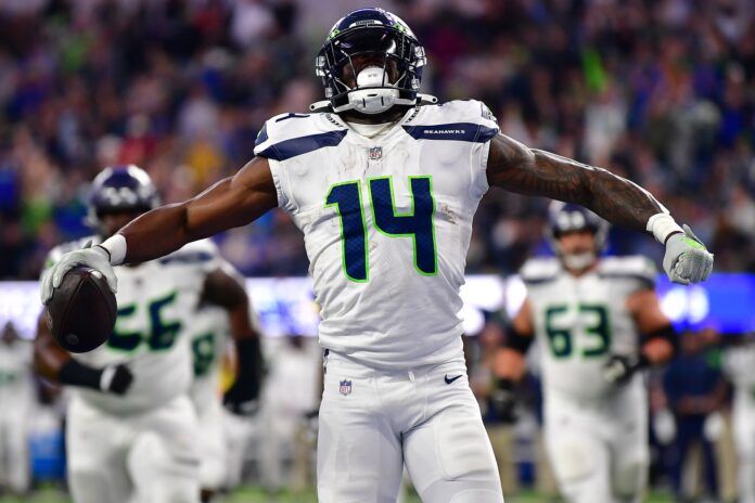 DK Metcalf celebrates his touchdown scored against the Los Angeles Rams.