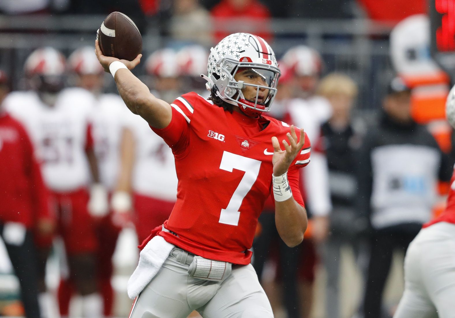 Ohio State quarterback C.J. Stroud attempts a pass in a game against Indiana.