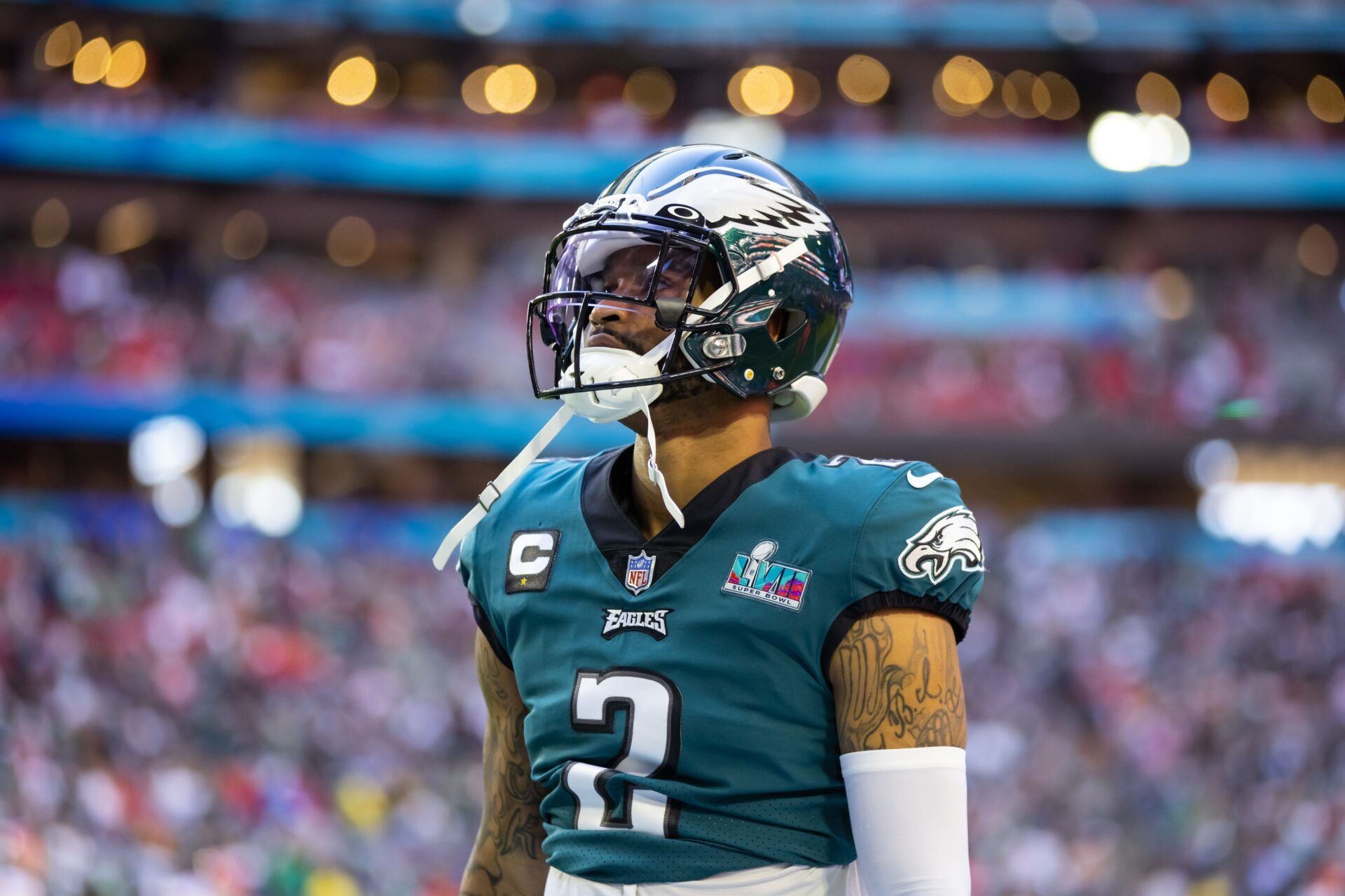 Darius Slay looks on against the Kansas City Chiefs during Super Bowl LVII.