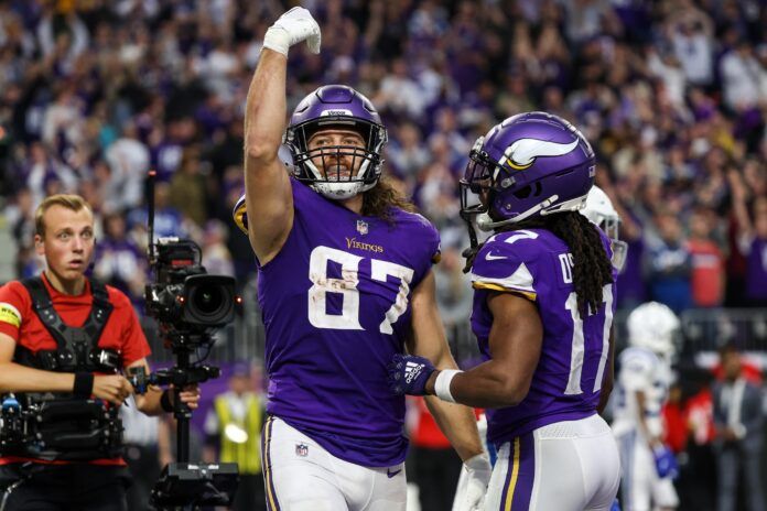 T.J. Hockenson celebrates his two-point conversion during the fourth quarter against the Indianapolis Colts.