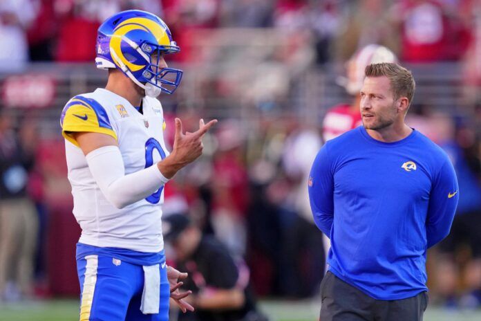 Matthew Stafford and head coach Sean McVay talk during warmups before the game against the San Francisco 49ers.