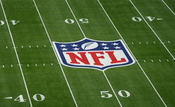 A general view of the NFL shield logo on the field before Super Bowl LVII.