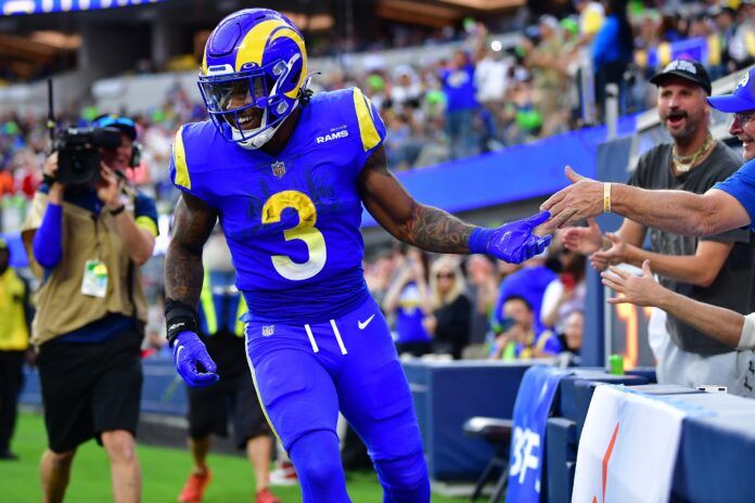 Cam Akers celebrates his touchdown scored against the Denver Broncos.