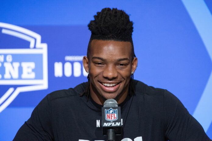 Texas running back Bijan Robinson speaks to the press at the NFL Combine at Lucas Oil Stadium.