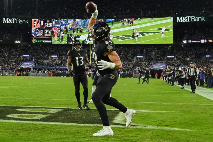 Mark Andrews spike the ball after scoring a second quarter touchdown against the Cincinnati Bengals.