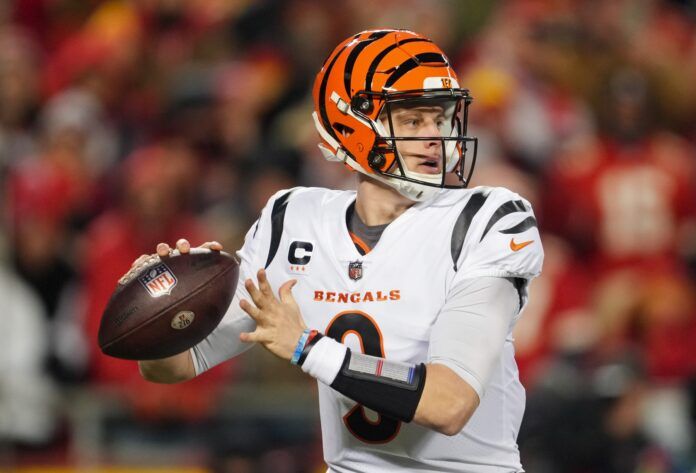 Joe Burrow throws a pass during the first half of the AFC Championship game against the Kansas City Chiefs.