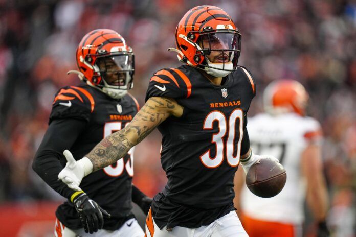 Jessie Bates III celebrates after intercepting a pass against the Cleveland Browns.