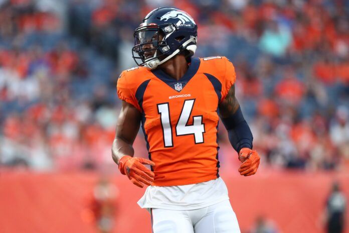 Denver Broncos WR Courtland Sutton lines up in game against the Los Angeles Rams.