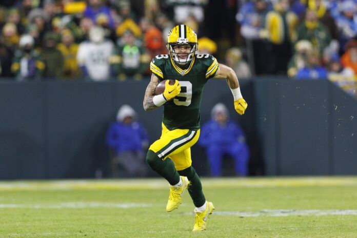 Green Bay Packers wide receiver Christian Watson (9) during the game against the Detroit Lions at Lambeau Field.