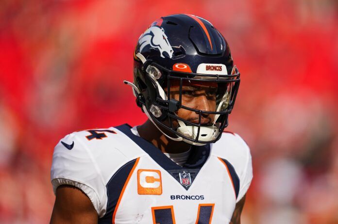 Courtland Sutton warms up prior to a game against the Kansas City Chiefs.