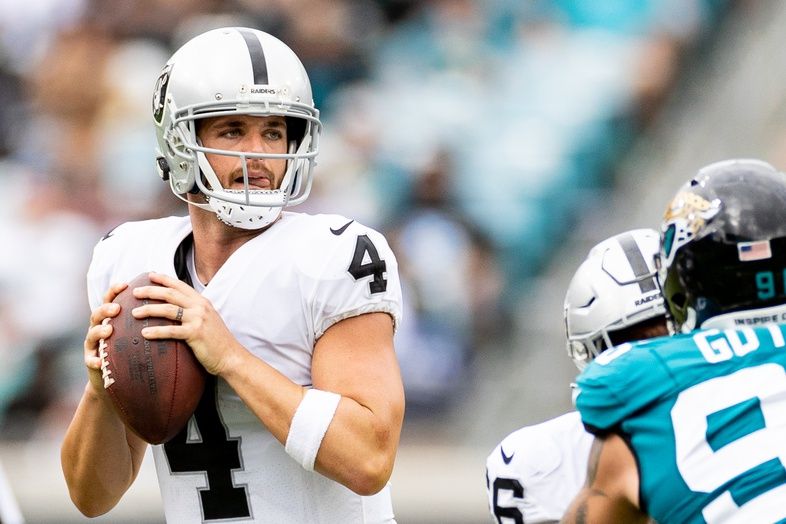Las Vegas Raiders QB Derek Carr (4) drops back to pass against the Jaguars.