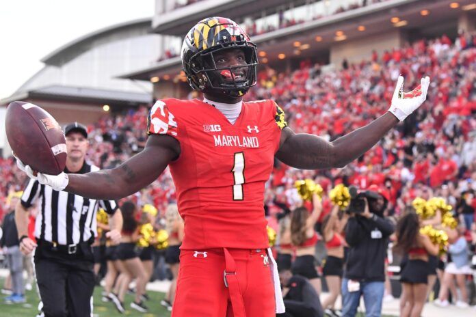 Maryland wide receiver Rakim Jarrett celebrates after a big play.