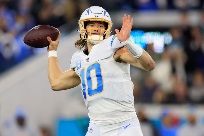 Los Angeles Chargers quarterback Justin Herbert attempts a pass.