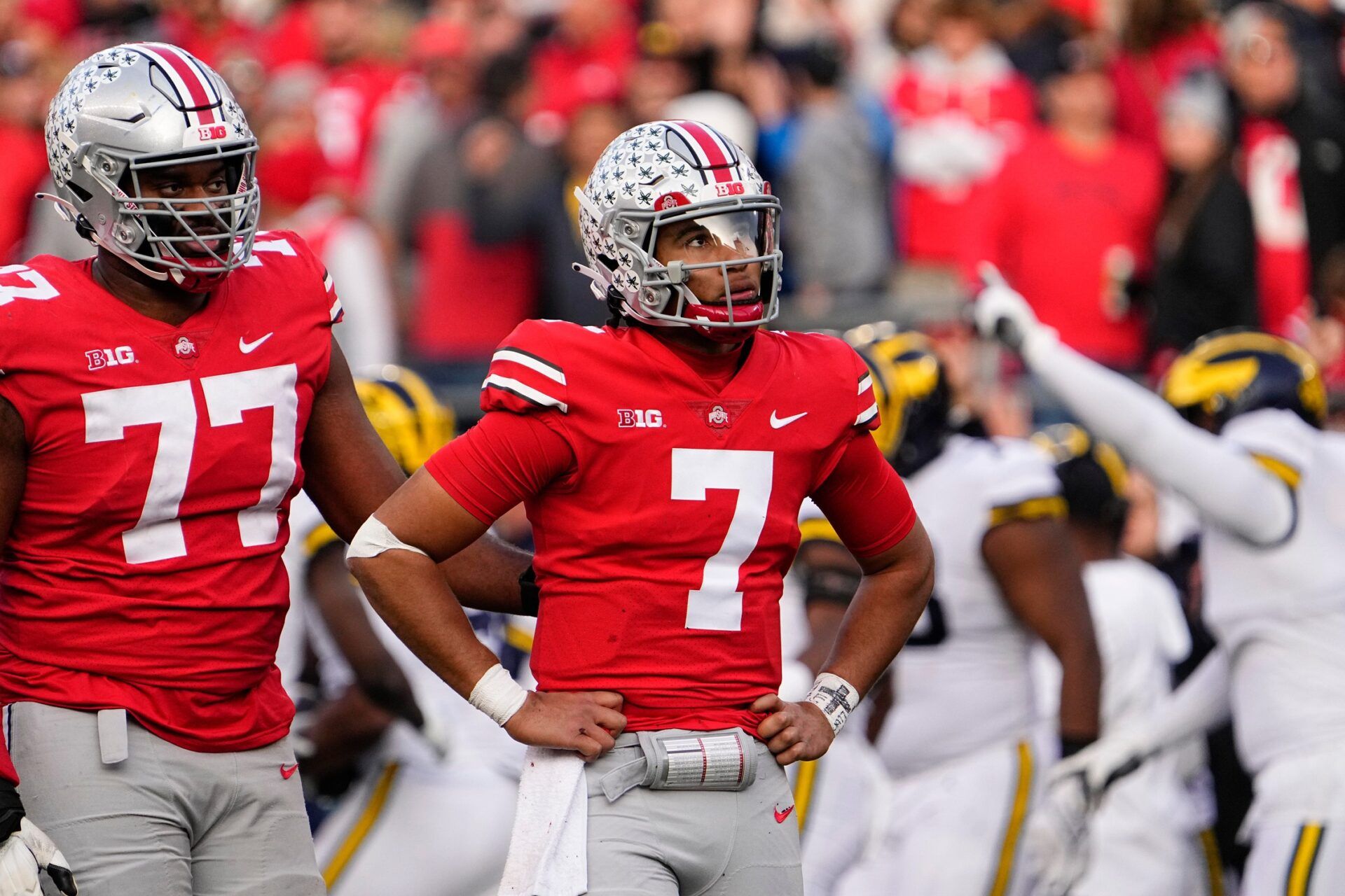 C.J. Stroud looks on after a play against Michigan.