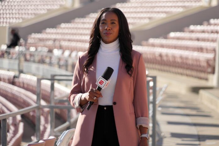 Broadcaster Tiffany Blackmon during the 2022 Rose Bowl at Rose Bowl.