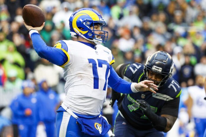 Baker Mayfield throwing the football for the Los Angeles Rams.