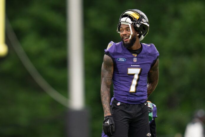 Rashod Bateman reacts during Day 1 of training camp.