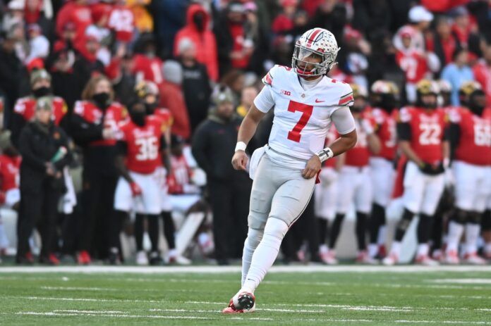 Ohio State QB C.J. Stroud (7) jogs after a play against Maryland.