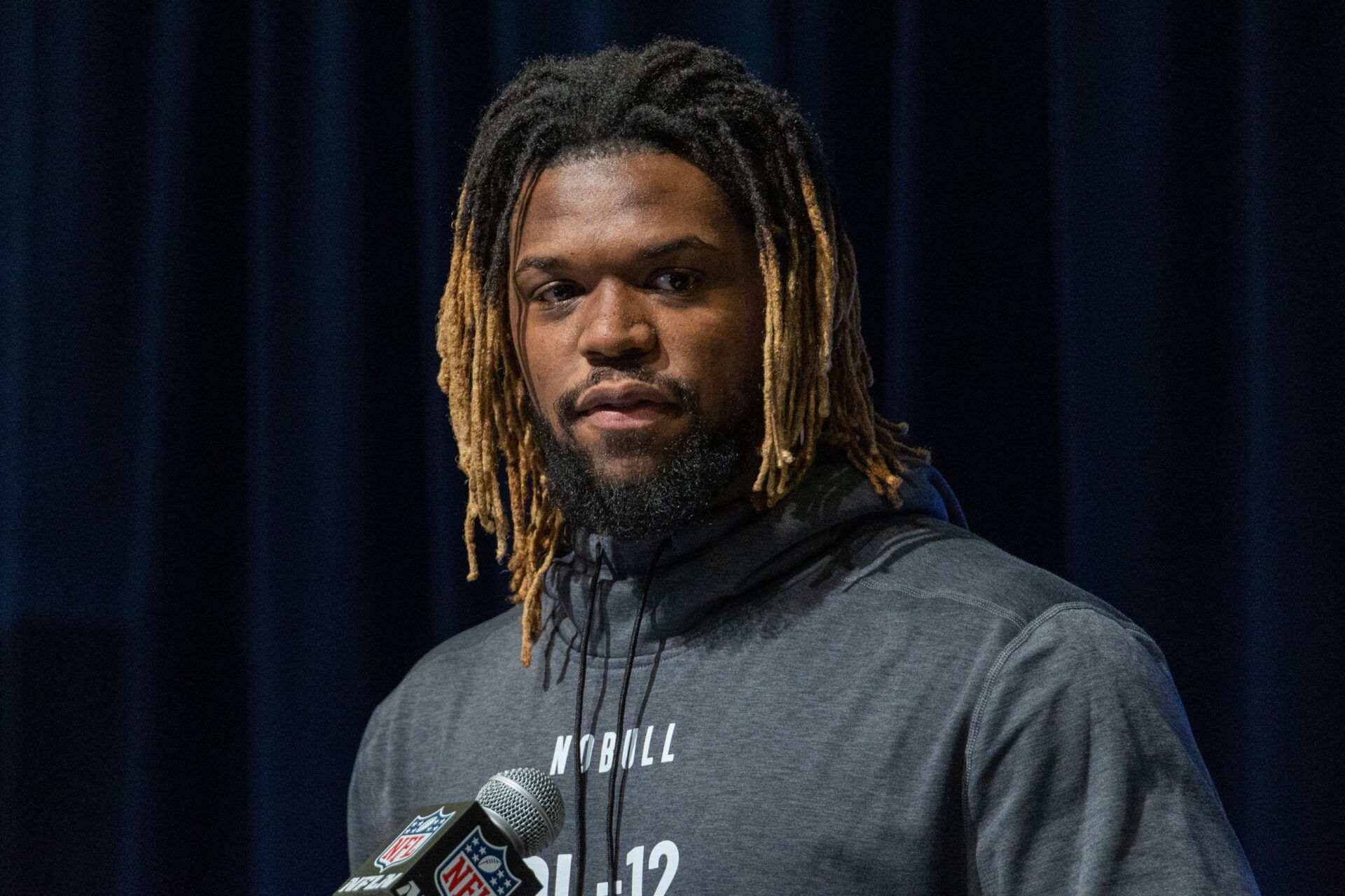 South Carolina defensive lineman Zacch Pickens speaks to the press at the NFL Combine at Lucas Oil Stadium.