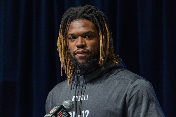 South Carolina defensive lineman Zacch Pickens speaks to the press at the NFL Combine at Lucas Oil Stadium.