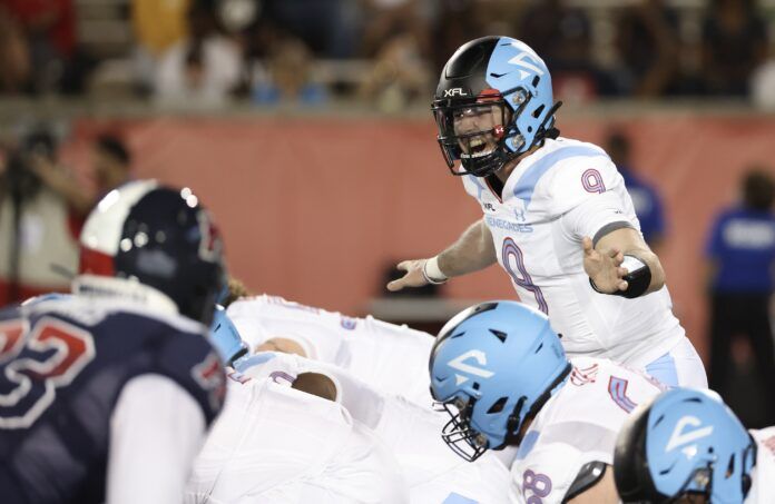 Arlington Renegades QB Drew Plitt (9) under center against Houston.