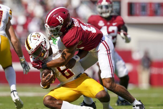 Alabama's Brian Branch sack Louisiana-Monroe's Chandler Rogers.