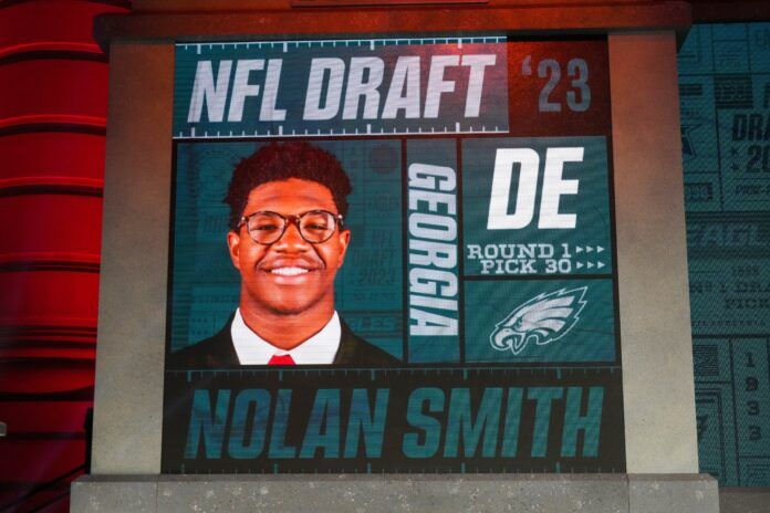 Georgia defensive end Nolan Smith after being selected by the Philadelphia Eagles thirtieth overall in the first round.