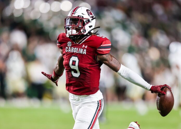 South Carolina Gamecocks defensive back Cam Smith (9) celebrates an interception.