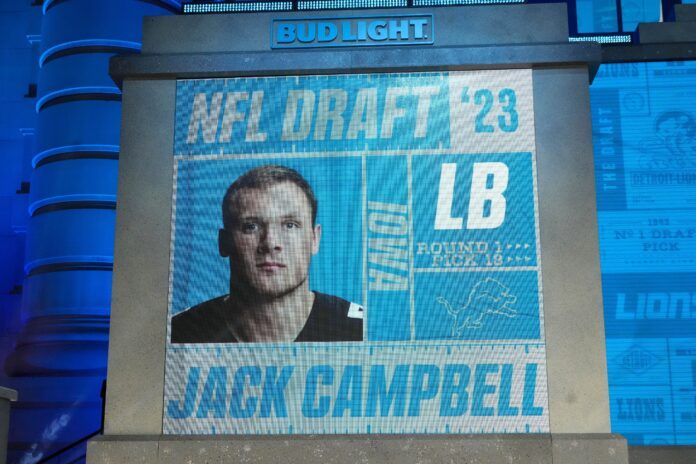 Iowa LB Jack Campbell appears on screen after his selection by the Detroit Lions.