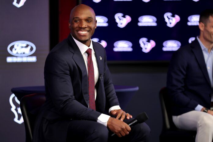 DeMeco Ryans smiles during his announcement as the new Houston Texans head coach, the team he played for during his professional career.