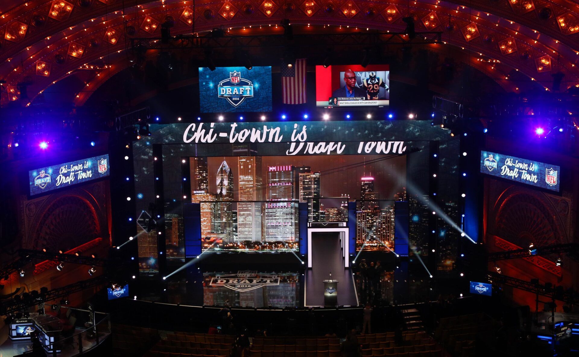 A general view of the stage and podium before the 2016 NFL Draft at the Auditorium Theatre.