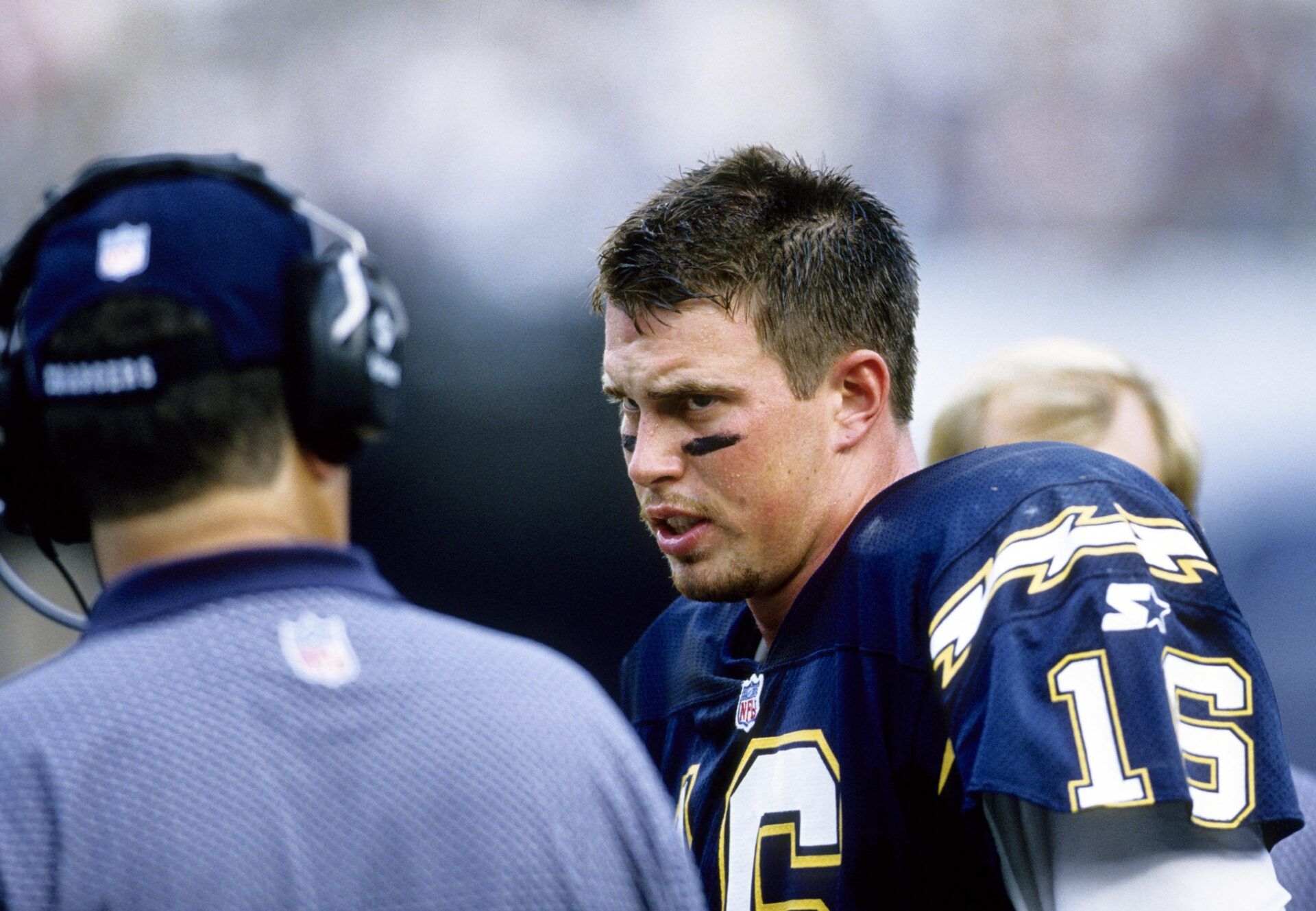 San Diego Chargers quarterback Ryan Leaf (16) on the sideline against the Seattle Seahawks at Jack Murphy Stadium.