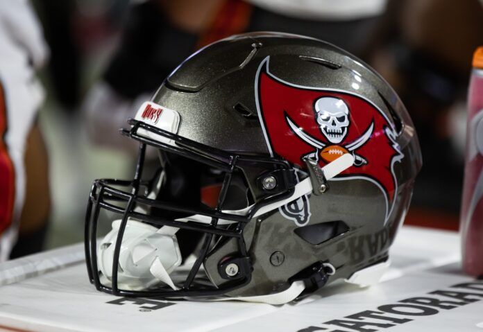 Detailed view of a Tampa Bay Buccaneers helmet at State Farm Stadium.