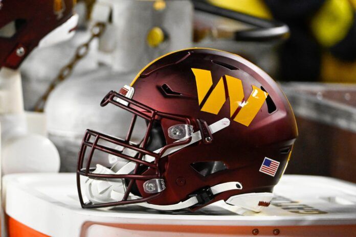 Washington Commanders helmet during the first half at FedExField.