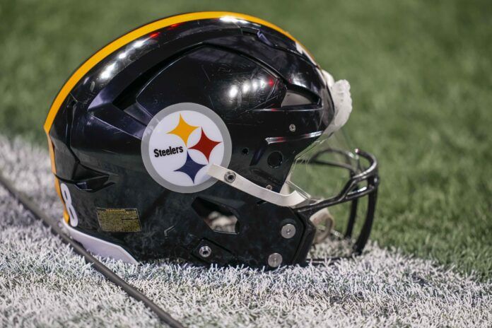 The helmet of the Pittsburgh Steelers on the field during warm up prior to the game against the Atlanta Falcons.