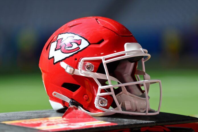 A detail view of a Kansas City Chiefs helmet before Super Bowl LVII at State Farm Stadium.