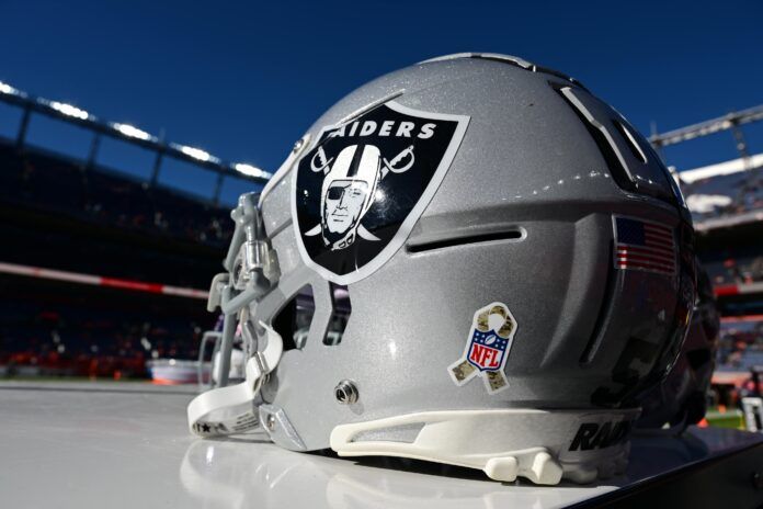 Detailed view of a Las Vegas Raiders helmet before the game against the Denver Broncos.