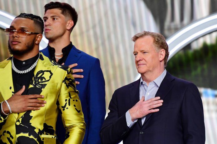 NFL commissioner Roger Goodell during the national anthem before the first round of the 2022 NFL Draft at the NFL Draft Theater.