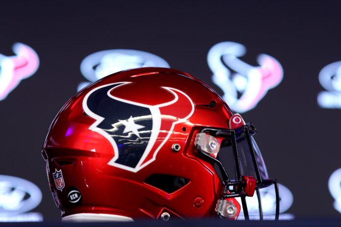 A detail shot of a Houston Texans helmet prior to a press conference introducing Demeco Ryans as head coach at NRG Stadium.