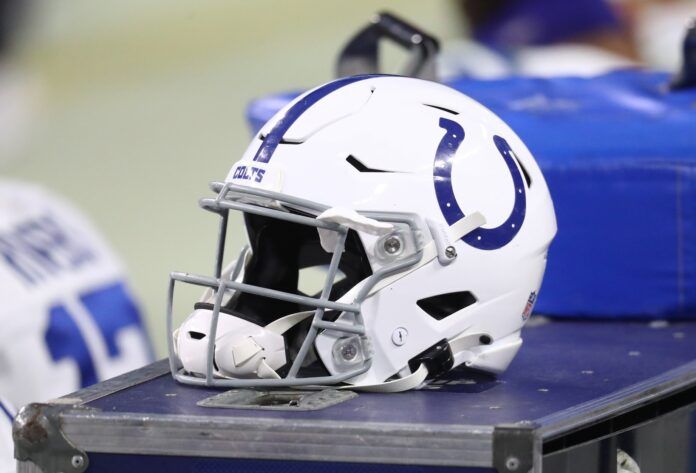 Detailed view of an Indianapolis Colts helmet against the Las Vegas Raiders at Allegiant Stadium.